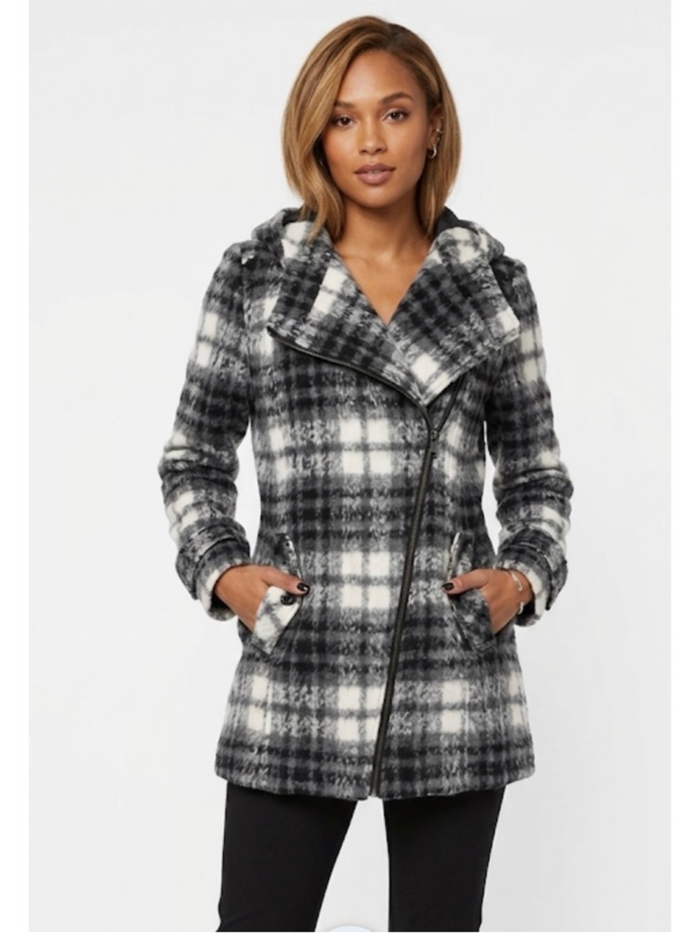 Madden Girl Moto Jacket Plaid Fleece Black Grey Hooded S